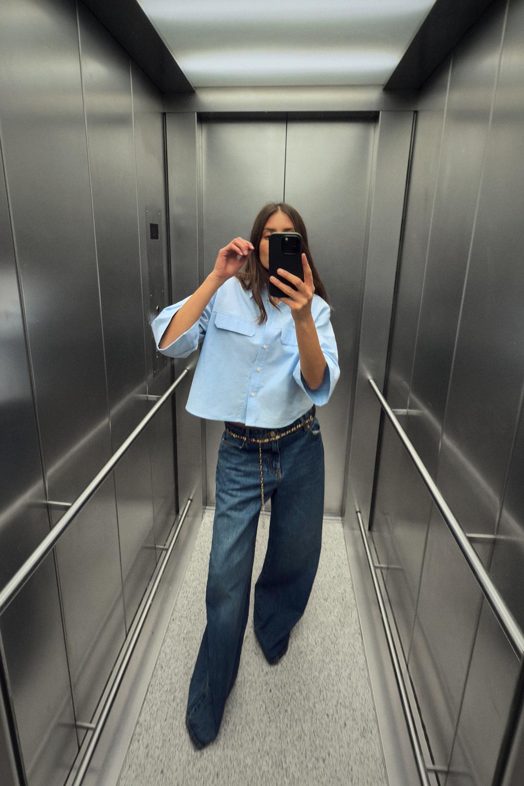 

Короткая оксфордская рубашка ZARA, светло-синий