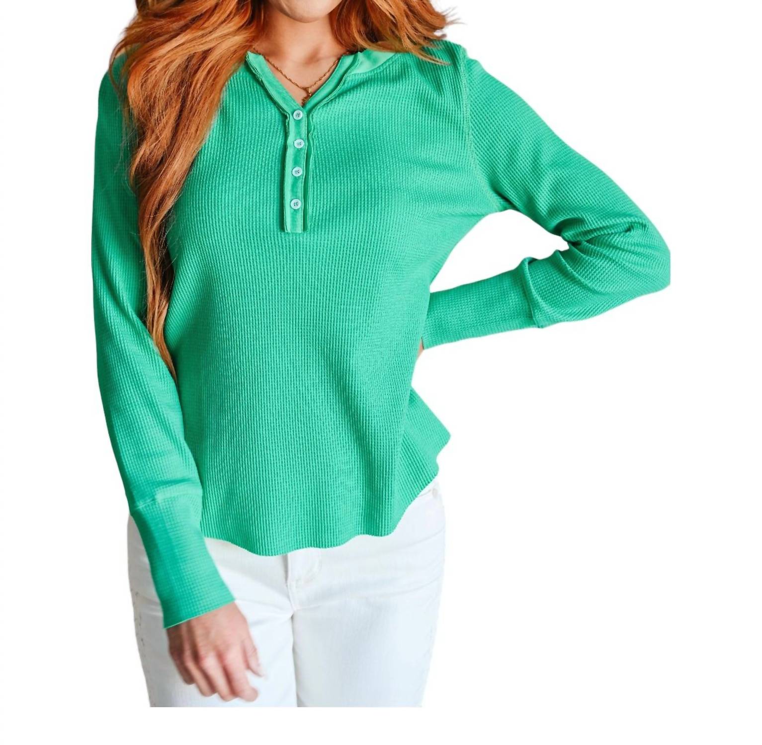 

Вафельный трикотажный топ Henley зеленого цвета One Eleven North