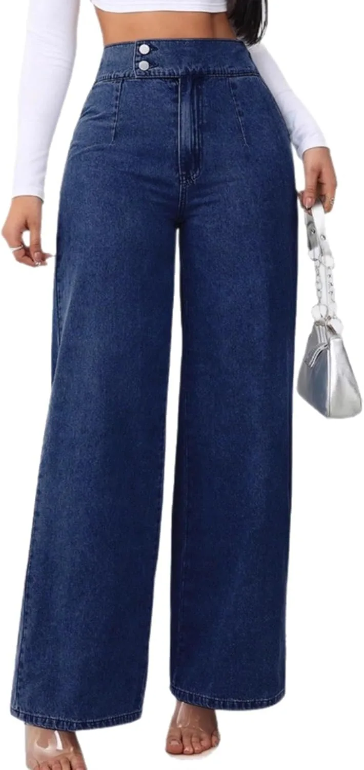 

Брюки-джинсы Baggy для женщин, Stretchy, High Waisted, Straight Wide Leg, Pull On, Tummy Control Xadsfeel