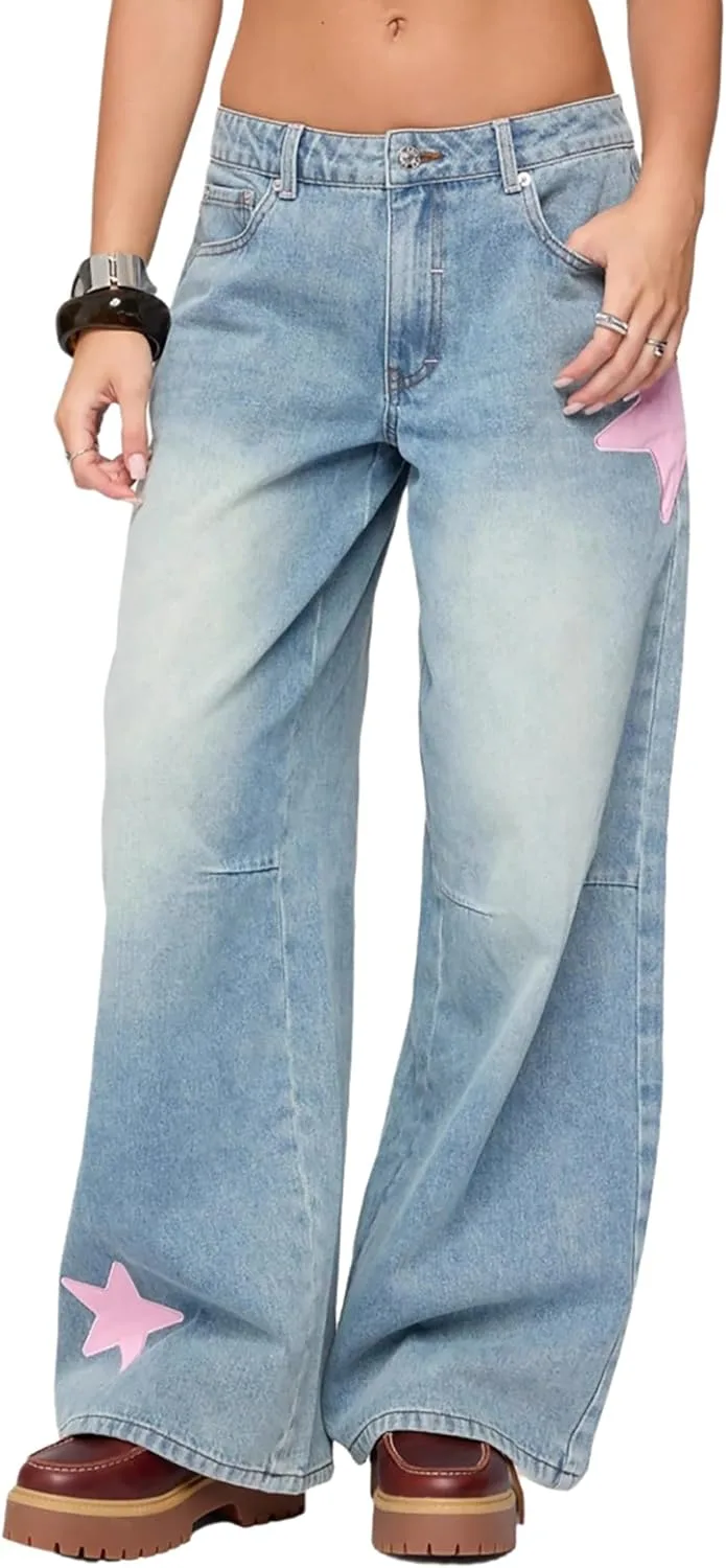 

Женские джинсы Star Patch Baggy Wide Leg с высокой посадкой QLAUYIOE