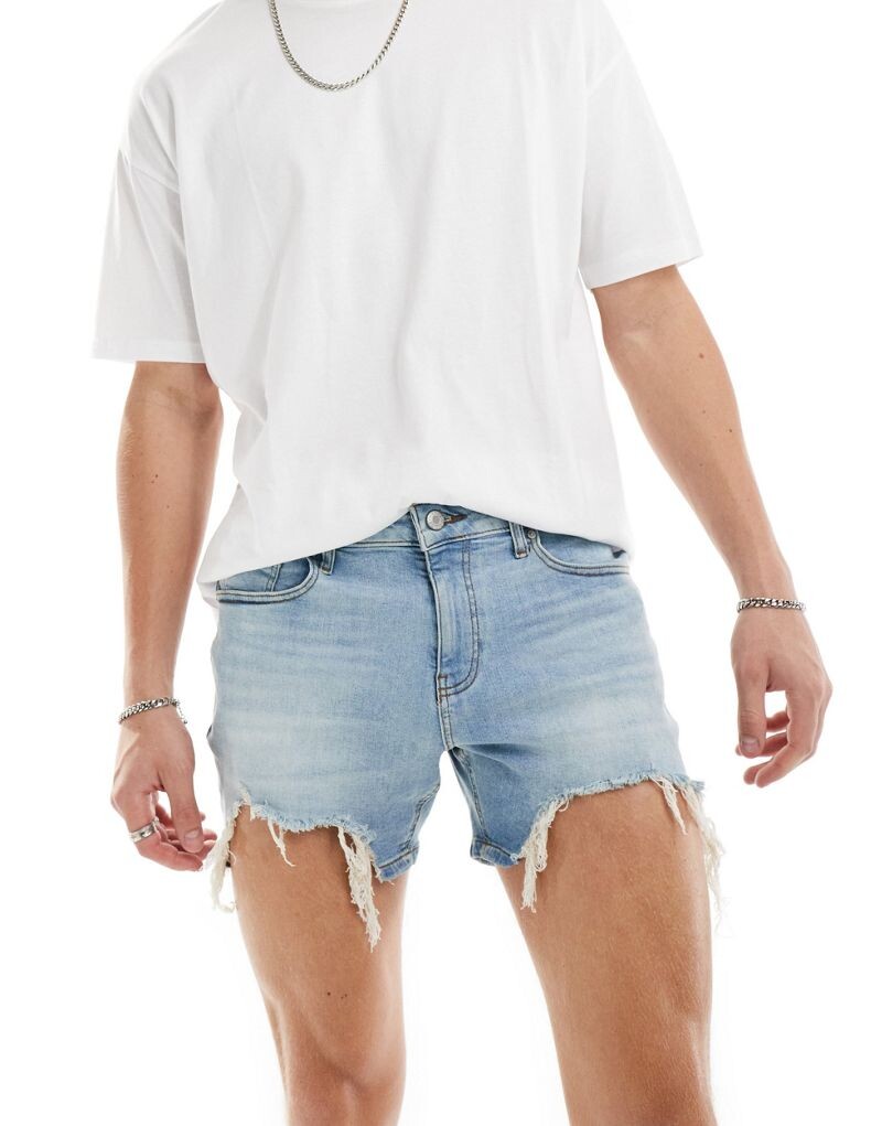

Голубые укороченные джинсовые шорты скинни с рваными краями ASOS DESIGN