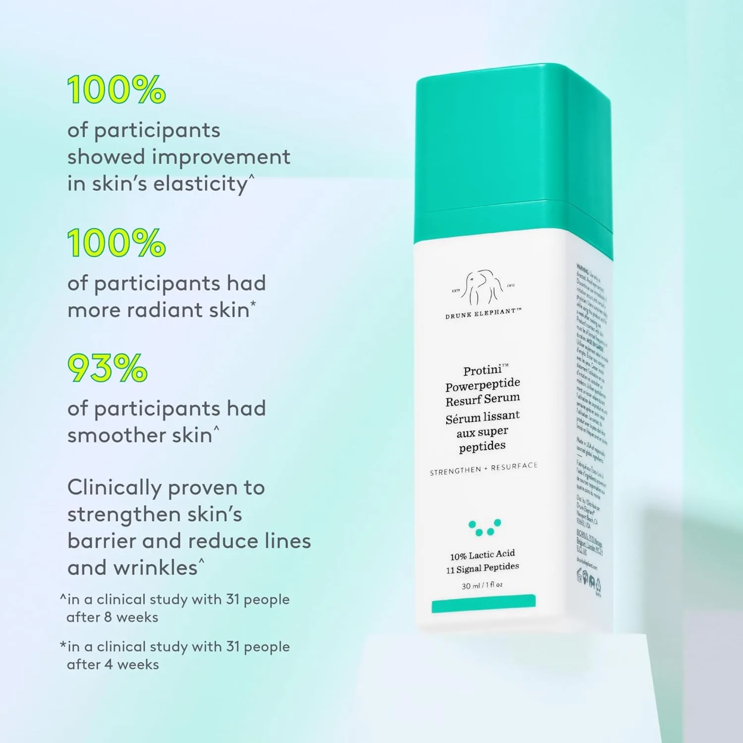 Сыворотка Drunk Elephant — Protini Powerpeptide Resurf Serum, - с молочной кислотой AHA для обновления кожи, без, 30 мл — фото 2