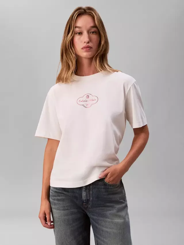 Футболка свободного кроя с логотипом Cocktail, бело-бежевая Calvin Klein