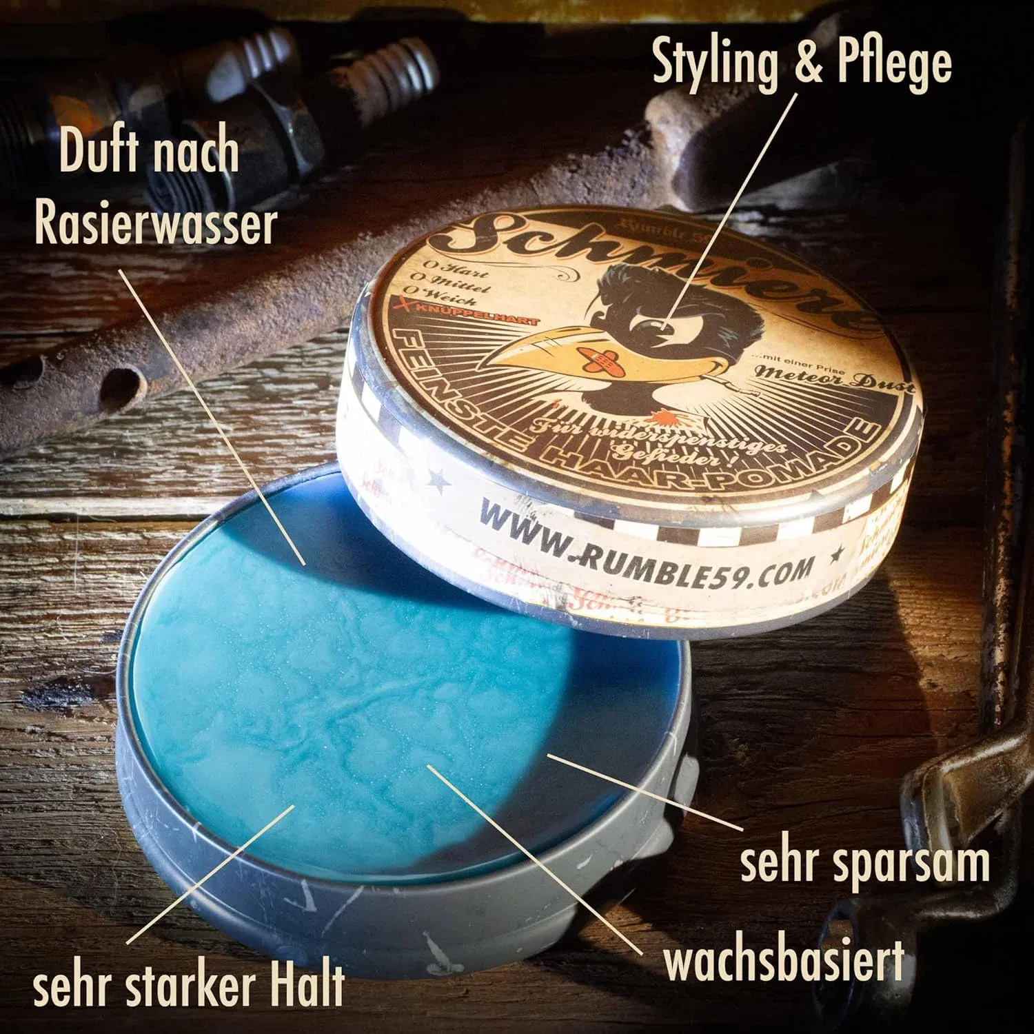 Помада для укладки волос «Schmiere knüppelhart» 140 г от Rumble59 Schmiere Feinste Haar-Pomade — фото 4