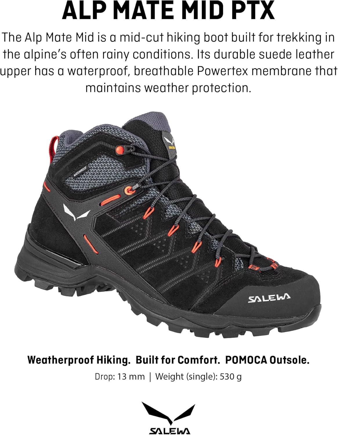 Мужские водонепроницаемые треккинговые и походные ботинки Salewa Alp Mate Mid, черный/оранжевый — фото 3