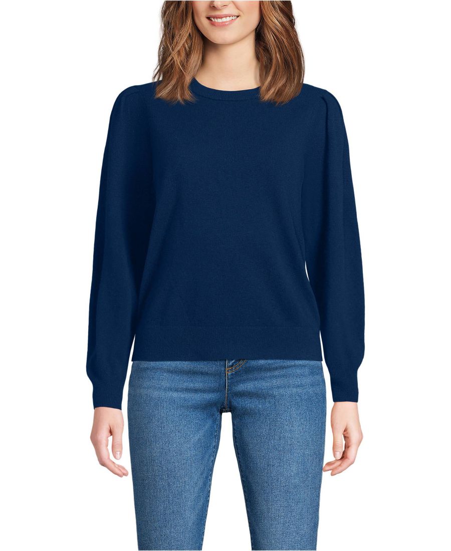 

Женский кашемировый свитер с пышными рукавами и круглым вырезом Lands' End, Deep sea navy