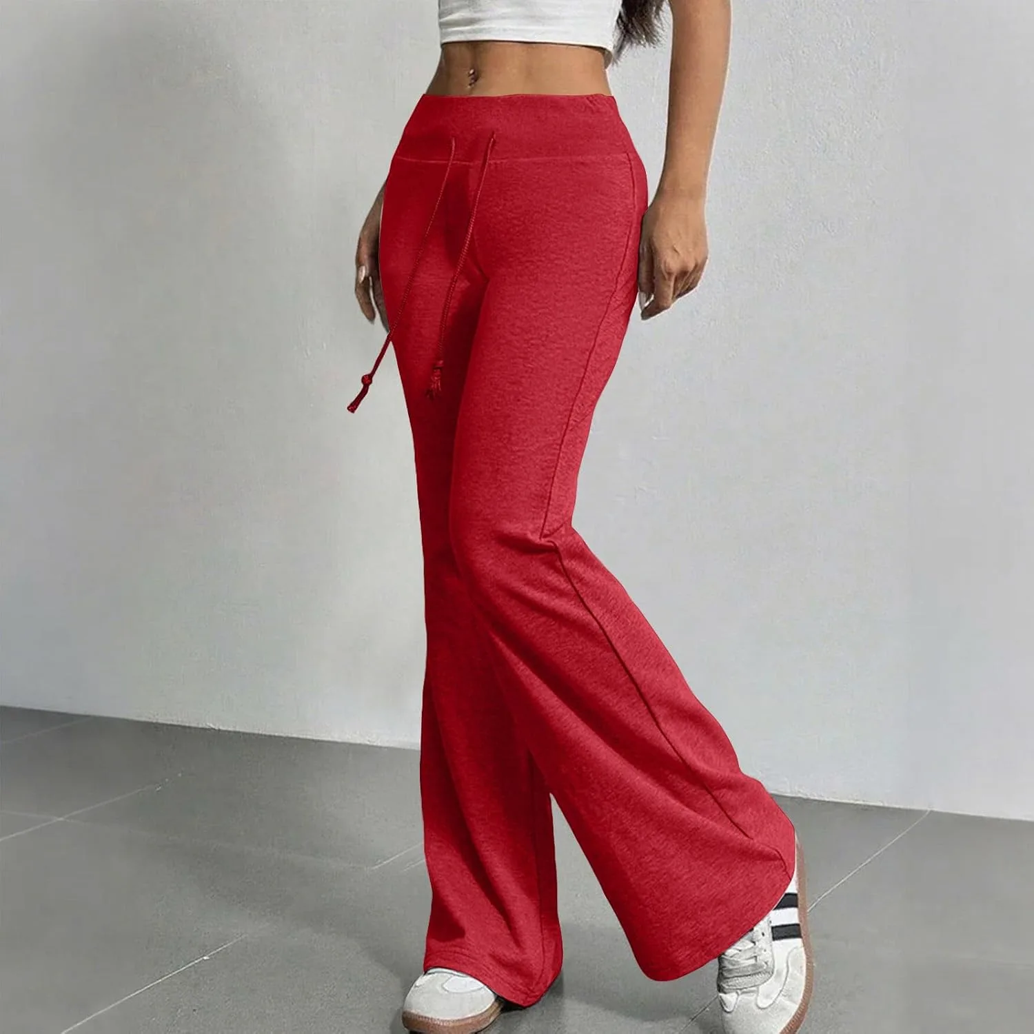 Леггинсы Flare Leggings для женщин Y2K с кулиской, эластичной талией, расклешенные, йога-штаны, мешковатые, для тренировок, спортивные, широкие, свитшот Generic, красный — фото 3