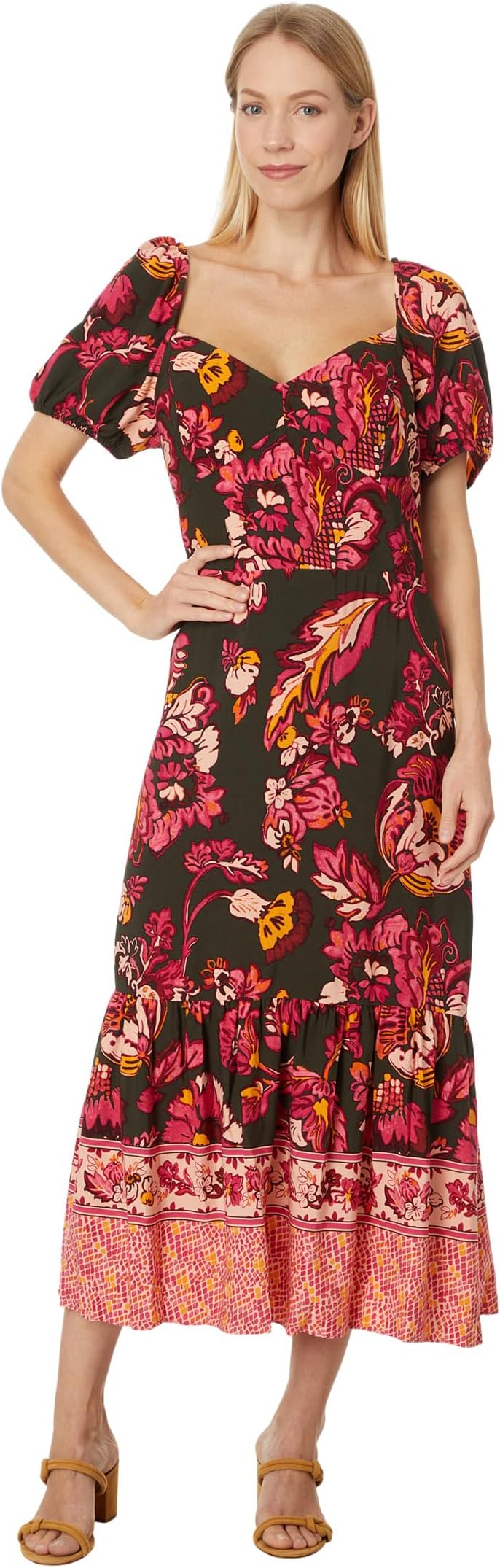 

Платье Adrianna Papell Printed Puff Sleeve Midi Dress, цвет Hunter Multi