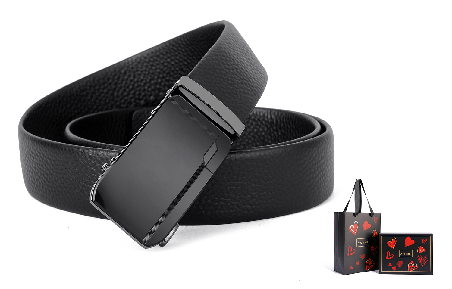 

Ace Paul Ремень из натуральной кожи для мужчин черный шириной 3.5 см, Black premium gift box + medium length 120cm