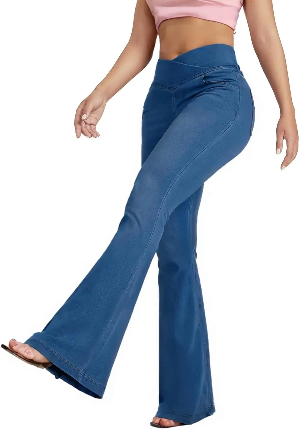 Джинсы клеш High Waisted Crossover Pocket Washed Casual Jeans, Dark Blue — фото 3