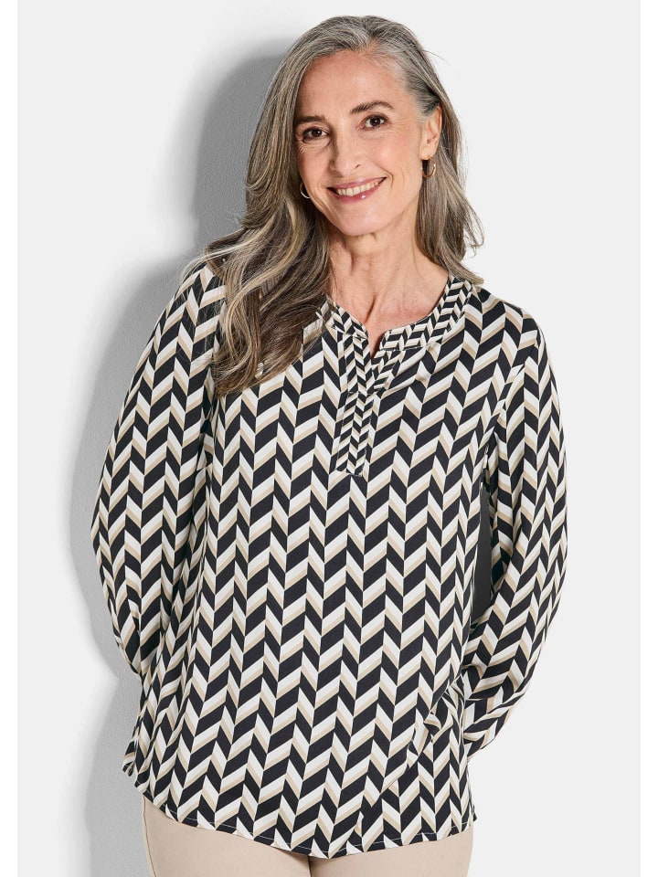 

Блузка-рубашка, вискозная блузка с графичным узором и круглым вырезом, цвет камень / черный / с узором GOLDNER