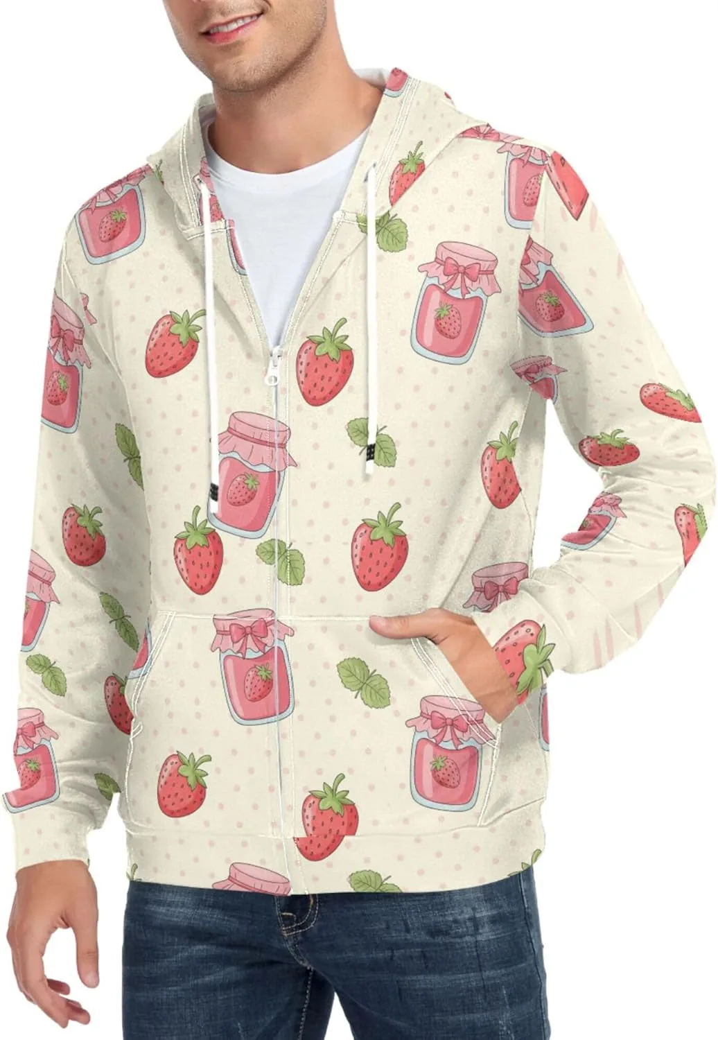 

Мужская толстовка с капюшоном на молнии, принт "клубничное варенье", с карманом CUPADA