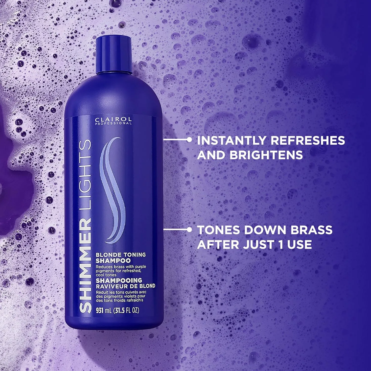 Фиолетовый шампунь Clairol Professional Shimmer Lights | Нейтрализует медные и желтые оттенки | Для светлых, серебристых, седых и мелированных волос 932 мл (.), yellow — фото 4