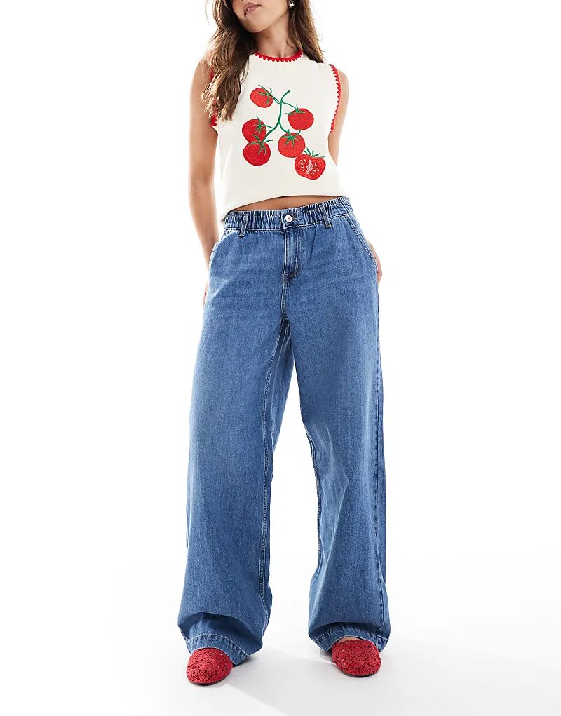 

ONLY джинсы со средней талией и широкими штанинами в средне-синем цвете