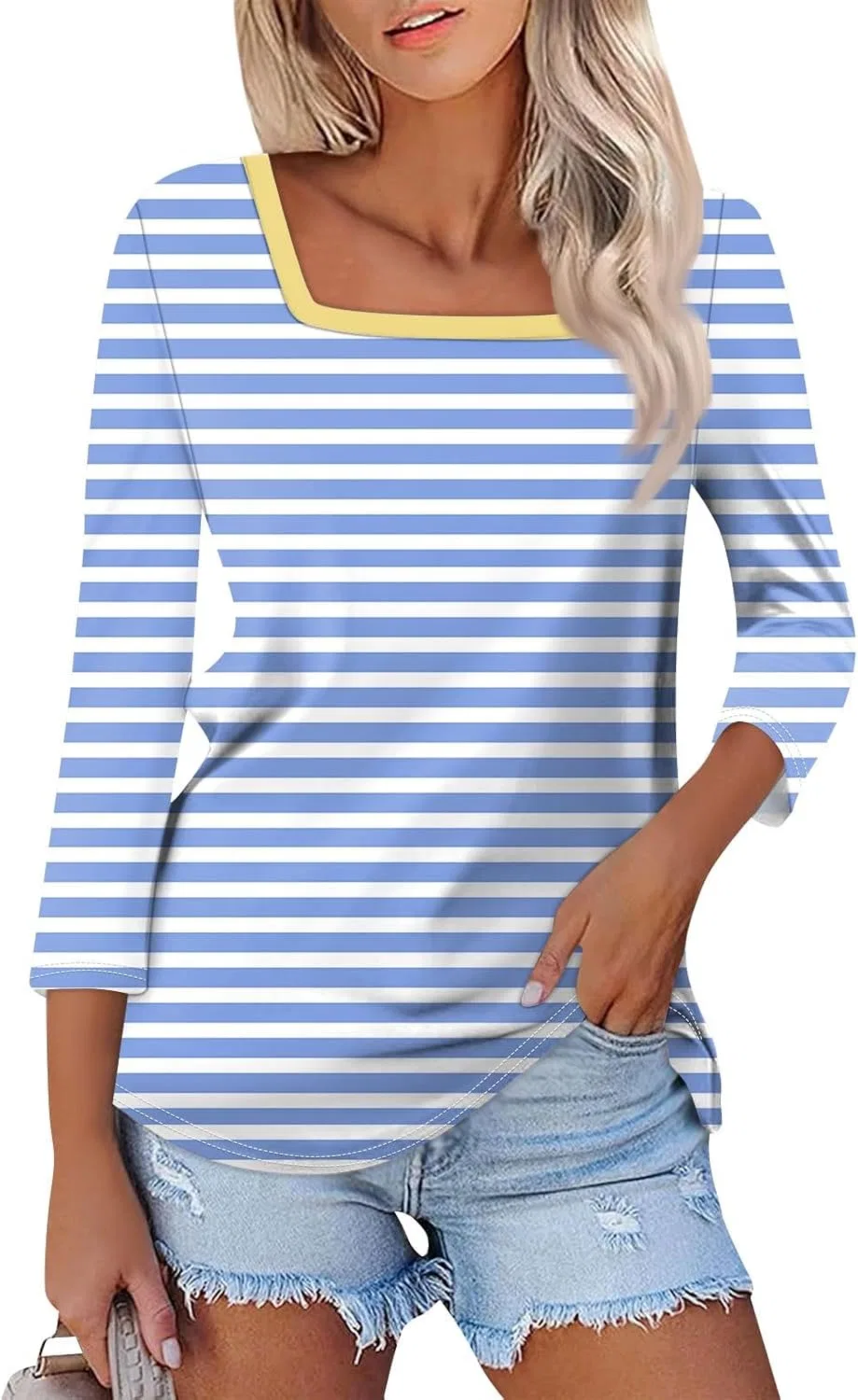 Женская блуза с квадратным вырезом и рукавом 3/4, Light Blue