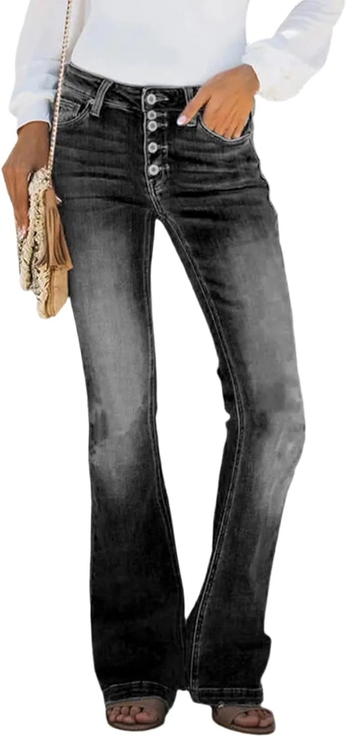 

Прямые джинсы для женщин с модными пуговицами, завышенной талией и эластичной тканью