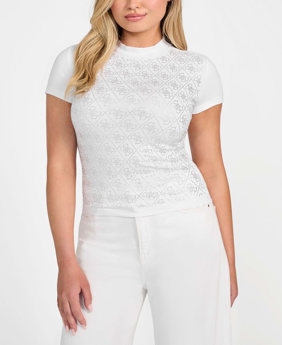 

Женская футболка с короткими рукавами и воротником-стойкой, украшенная стразами и логотипом GUESS, Pure White, Белый, Женская футболка с короткими рукавами и воротником-стойкой, украшенная стразами и логотипом GUESS, Pure White