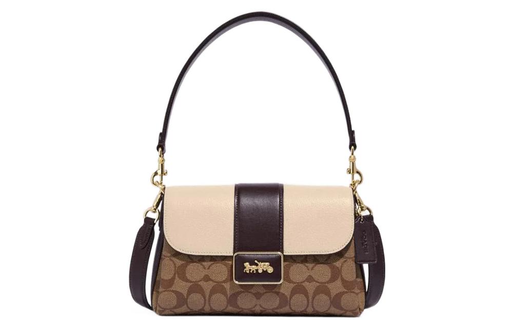 

Сумка через плечо из кожи теленка Grace от COACH коричневая с разноцветным монорамкой