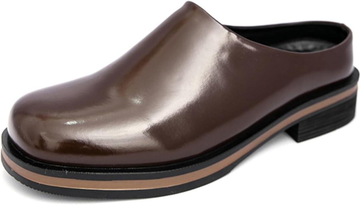

Мужские ретро лоферы без задника из лакированной кожи на толстом каблуке, с круглым носком, противоскользящие, для прогулок, бизнеса, вечеринок и свадеб Qwuieoin, коричневый