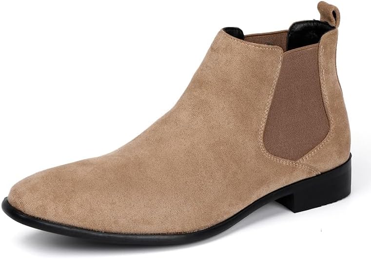 

Мужские классические кожаные туфли UZUJBAA с заостренным носком, модель Chelsea, с модной эластичной массивной колодкой, средней высоты голенища, на высоком каблуке, на ноге без шнуровки, бежевый