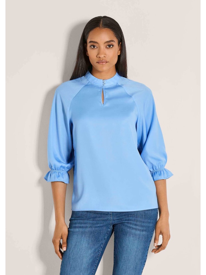 

MADELEINE Элегантная женская блузка со стойкой-воротником дымчато-синего цвета