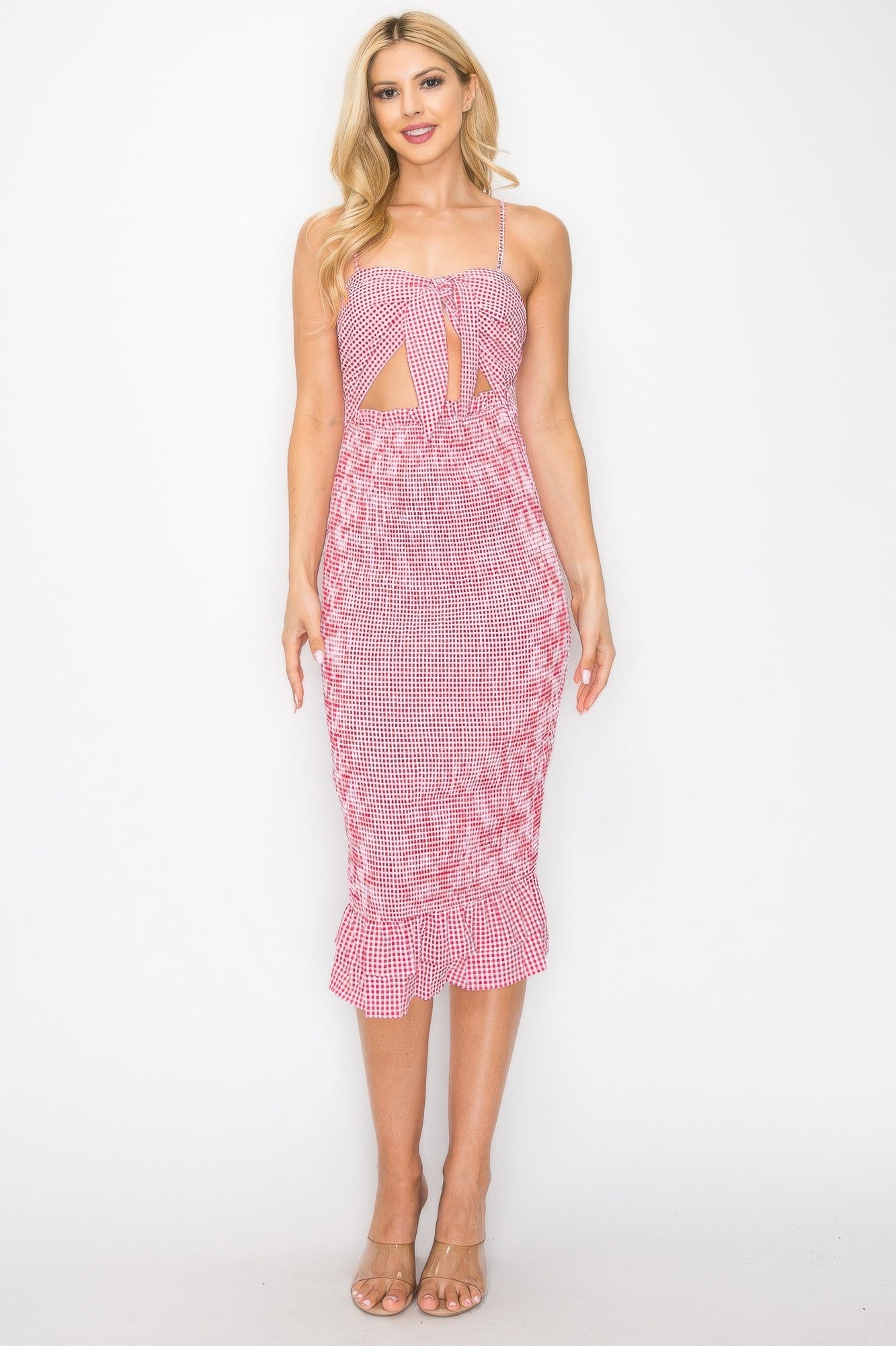 

Платье миди в клетку с узлом спереди и сборками Truedames, красный