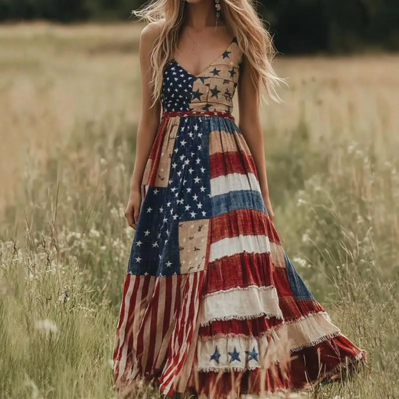 Женское платье с принтом в стиле Vintage Independence Day и американским флагом Generic, синий — фото 2