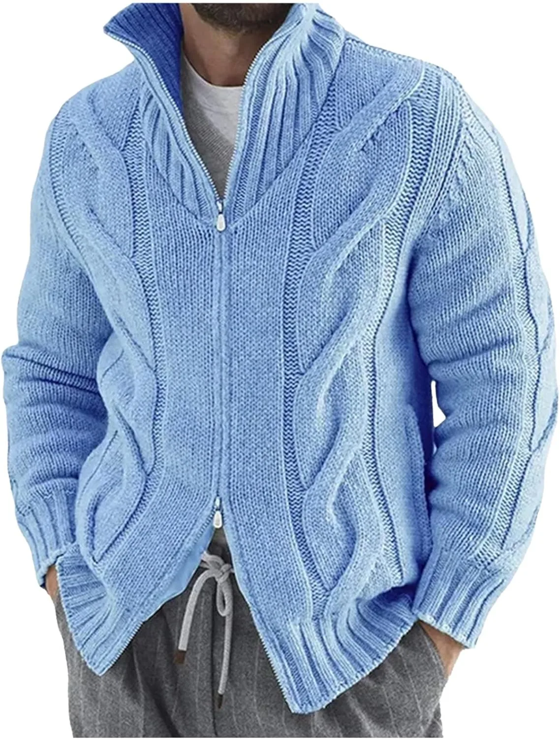 

Мужской кардиган на молнии с кабельной вязкой и лацканами