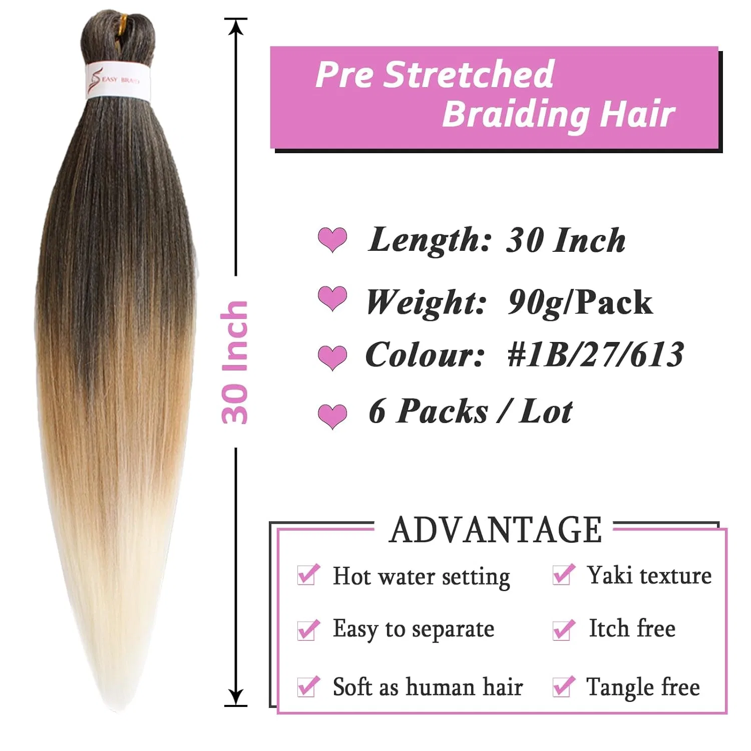 Искусственные волосы для плетения Pre Stretched Braiding Hair 30 дюймов, 6 упаковок Samtress, #1B/27/613 — фото 2