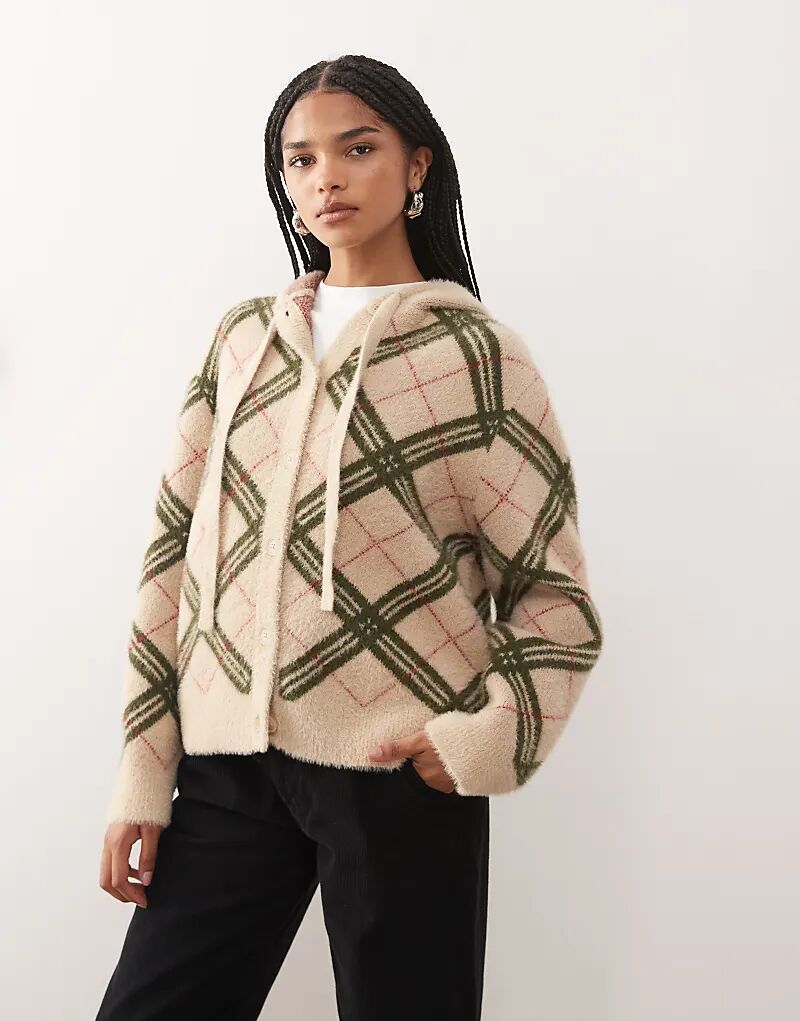 

Мягкий вязаный кардиган Reclaimed Vintage с капюшоном и завязкой-бантом в нейтральную клетку