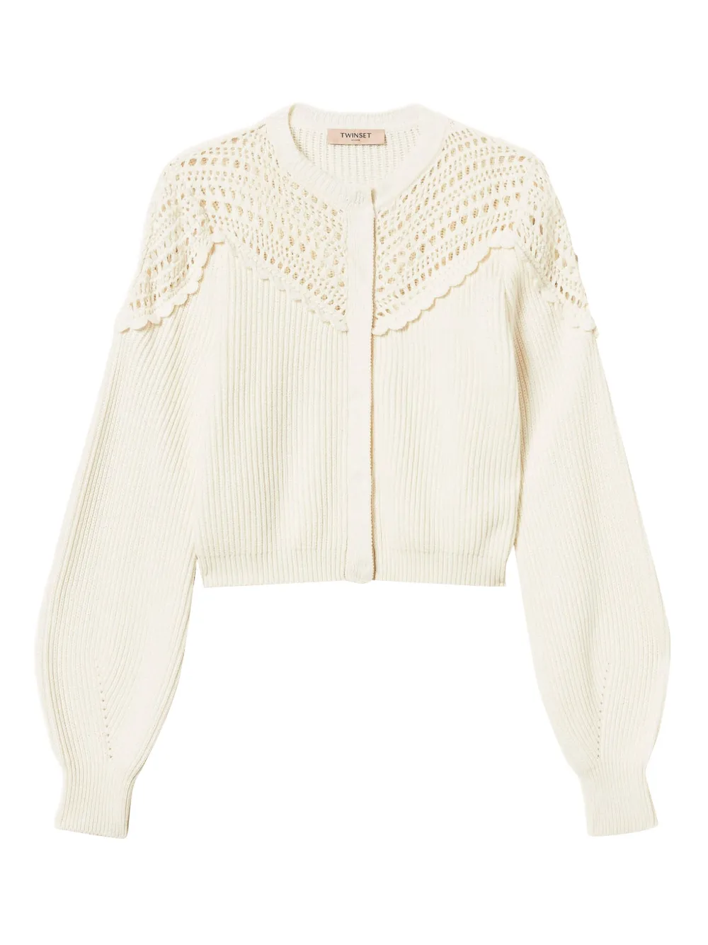 

Кардиган в рубчик с отделкой в технике кроше TWINSET, нейтральный
