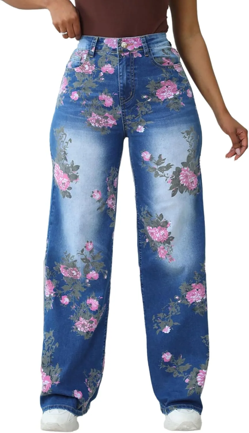 

Джинсы женские High Waisted Straight Leg с цветочным принтом TACSTRUN