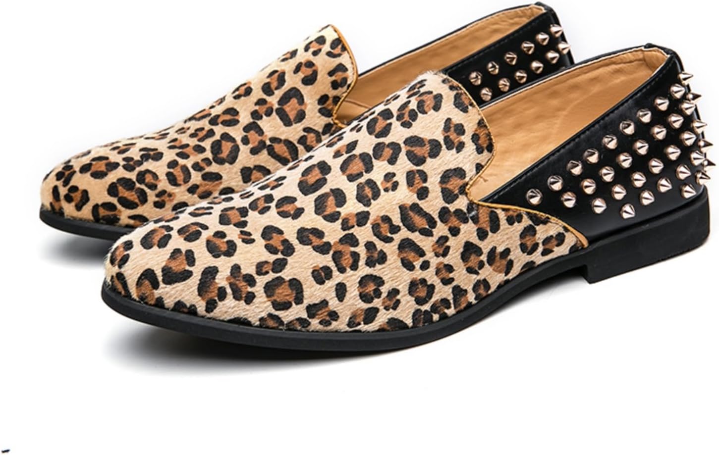 

Мужские слипоны QWUIEOIN, двухцветные, с леопардовой кожей, шипами и заклепками, лоферы с круглым носком, низкие, легкие, повседневные туфли-слипоны для бизнес-кэжуал, вечеринки и выпускного, коричневый
