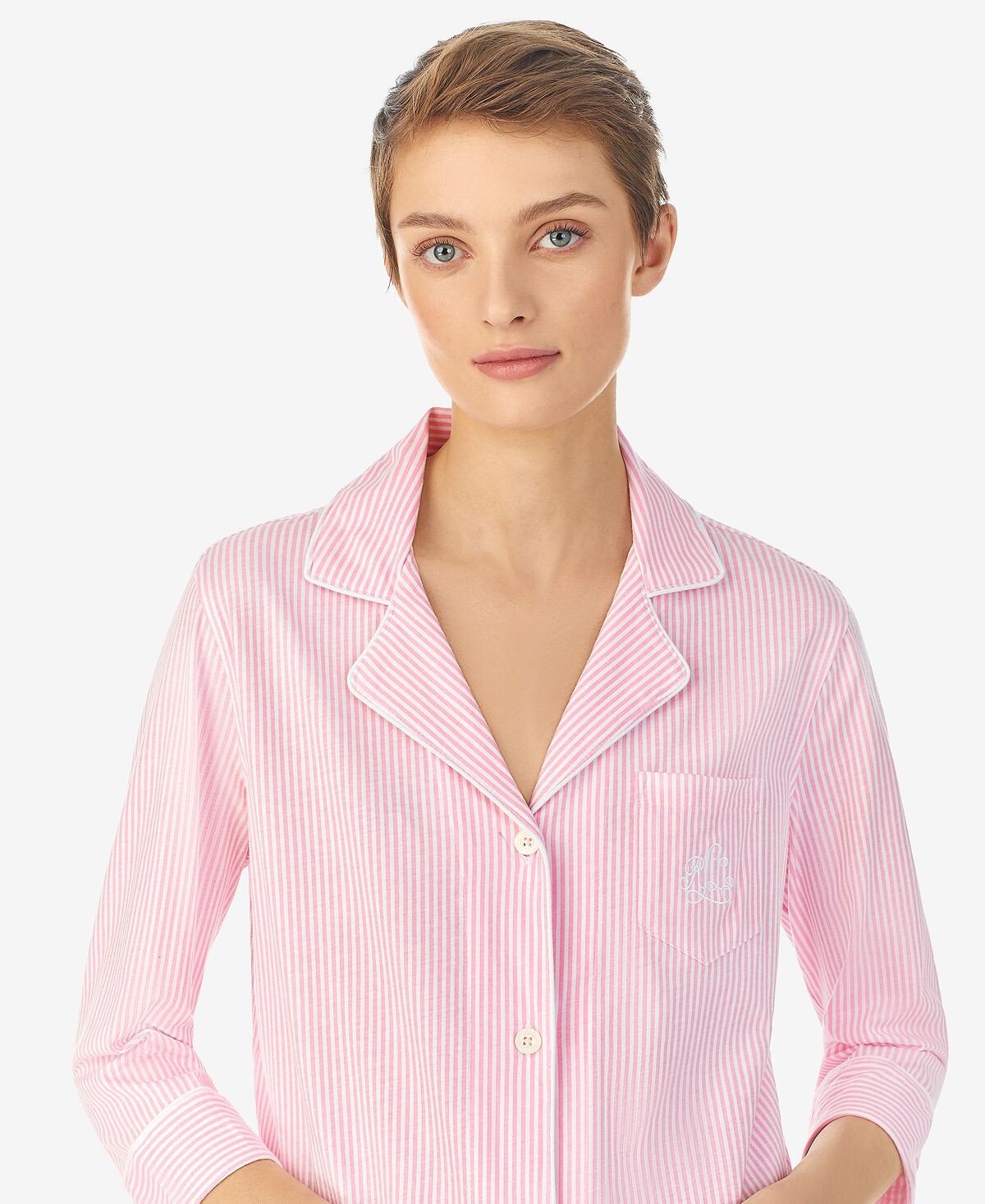 Классический пижамный комплект-капри с рукавом 3/4 и вырезом на воротнике Lauren Ralph Lauren, розовый — фото 4