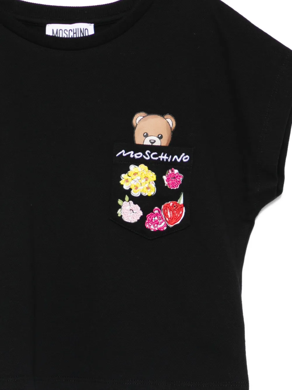 Футболка с цветочной вышивкой и нагрудным карманом Moschino Kids, черный — фото 3