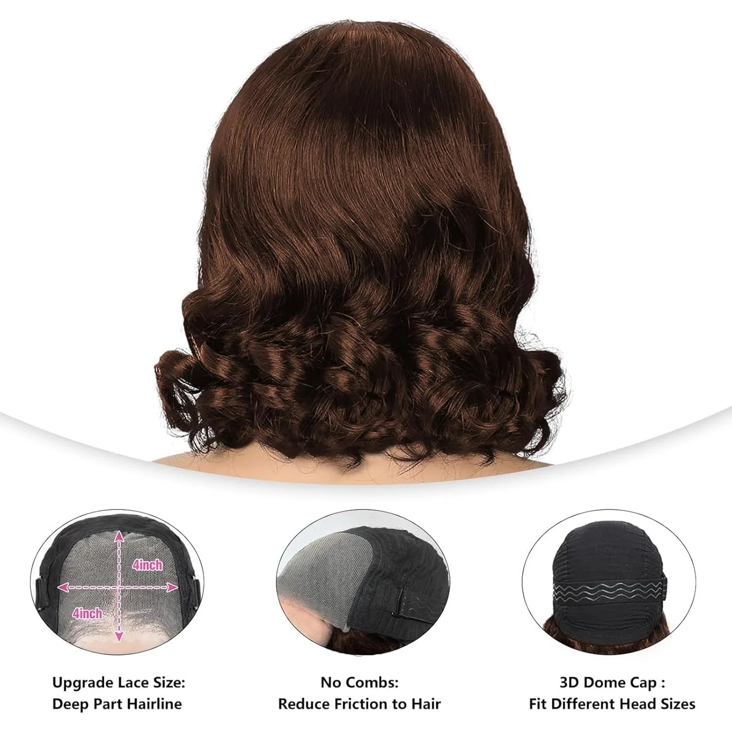 Парик-боб из натуральных волос Glueless Wig, 4x4, 180% плотность, 25 см Nicmiss, 2-Chocolate Brown — фото 4