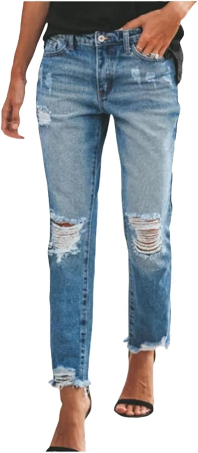 

Женские рваные джинсы прямого кроя свободного силуэта