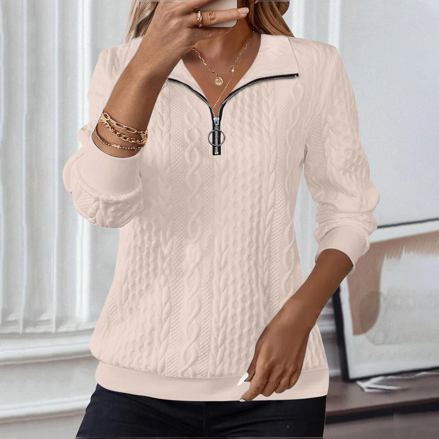 Женский свитшот Quarter Zip с воротником, текстурированный, 1b-beige — фото 3