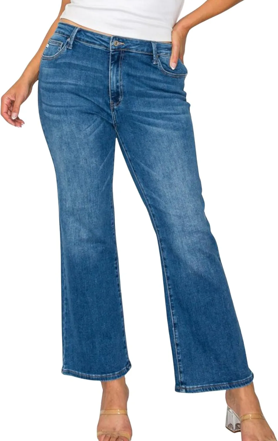 

Женские джинсы Casual Bootcut с дизайном Cat's Whiskers, средняя посадка, голубой цвет, застежка на пуговице и молнии, укороченные Yanhoo