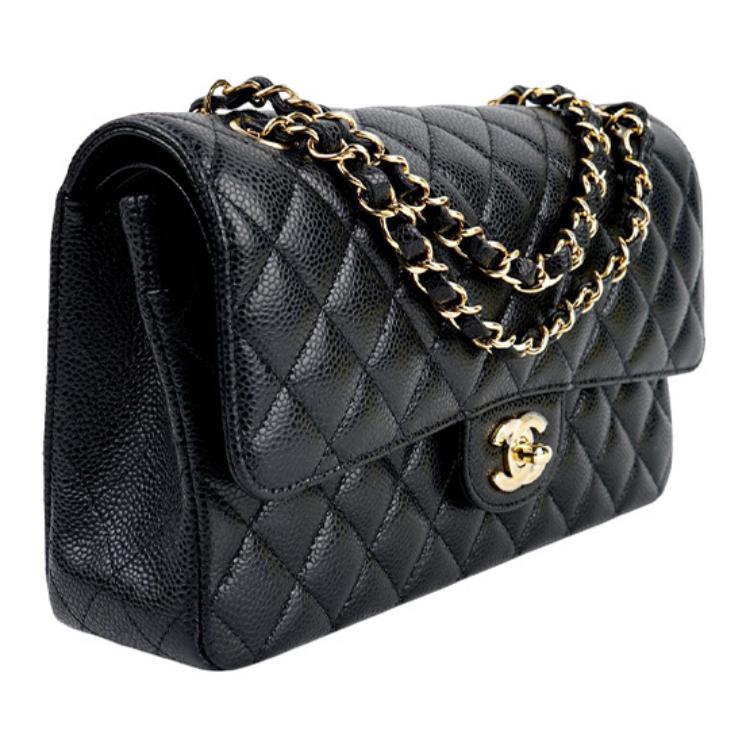 CHANEL Классическая стеганая сумка с двойным клапаном из кожи зернистой фактуры среднего размера черного цвета с золотистой фурнитурой — фото 3