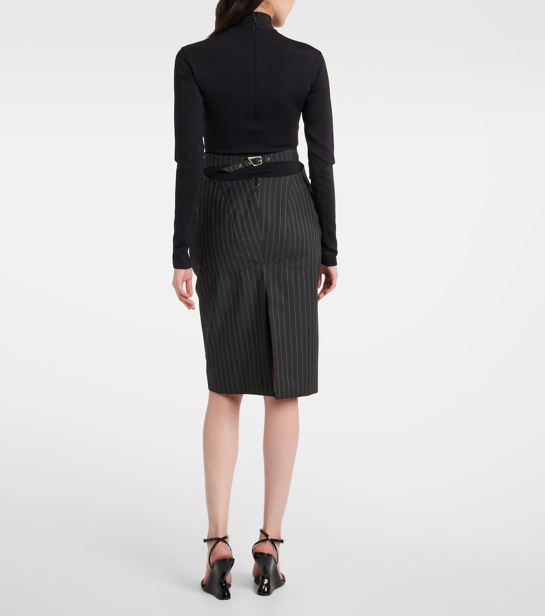 Юбка миди из шерстяной смеси в тонкую полоску Mugler, Black On Grey — фото 3