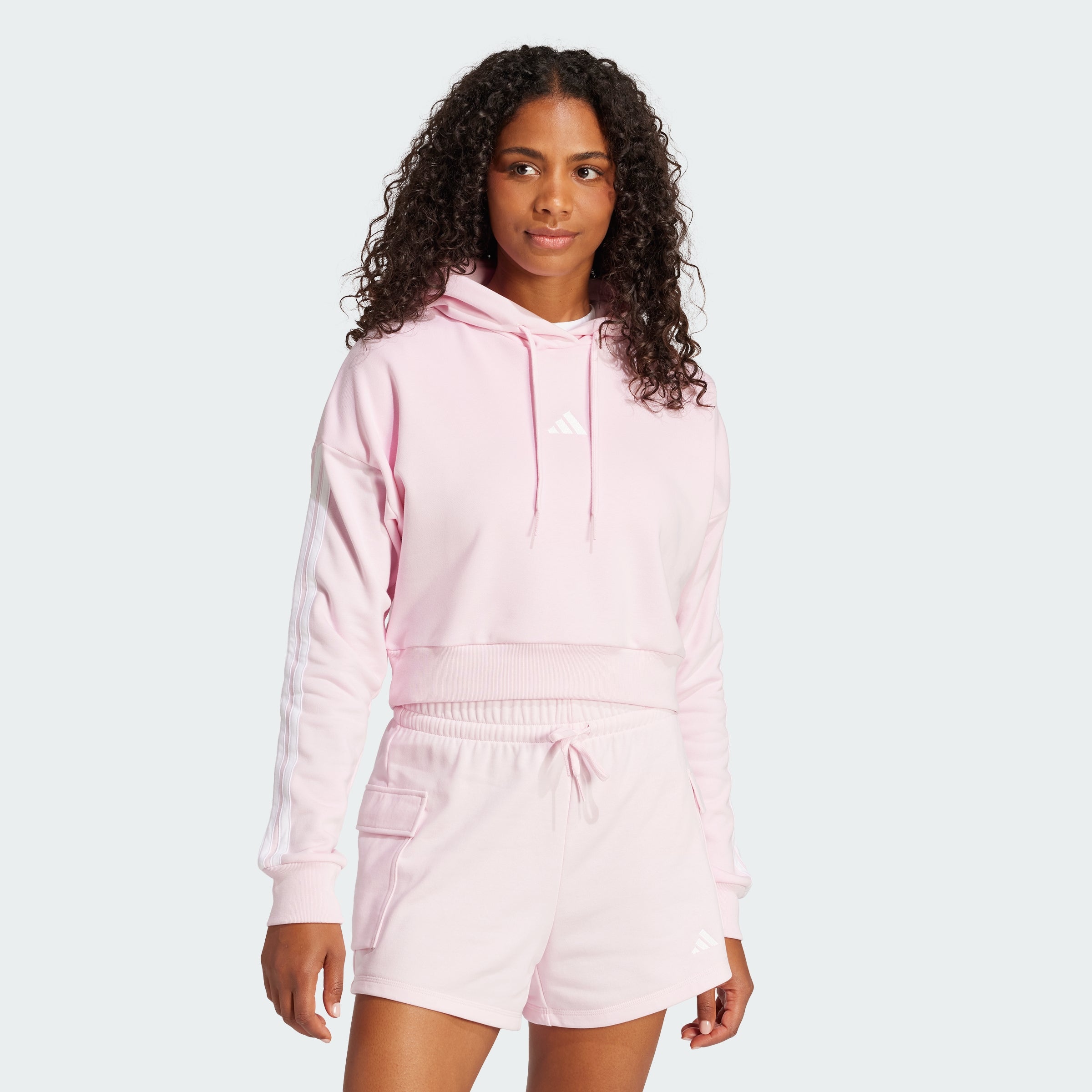 

Женская толстовка с капюшоном Adidas Essentials 3-Stripes French Terry Crop Adidas, Clear Pink / White, Белый, Женская толстовка с капюшоном Adidas Essentials 3-Stripes French Terry Crop Adidas, Clear Pink / White