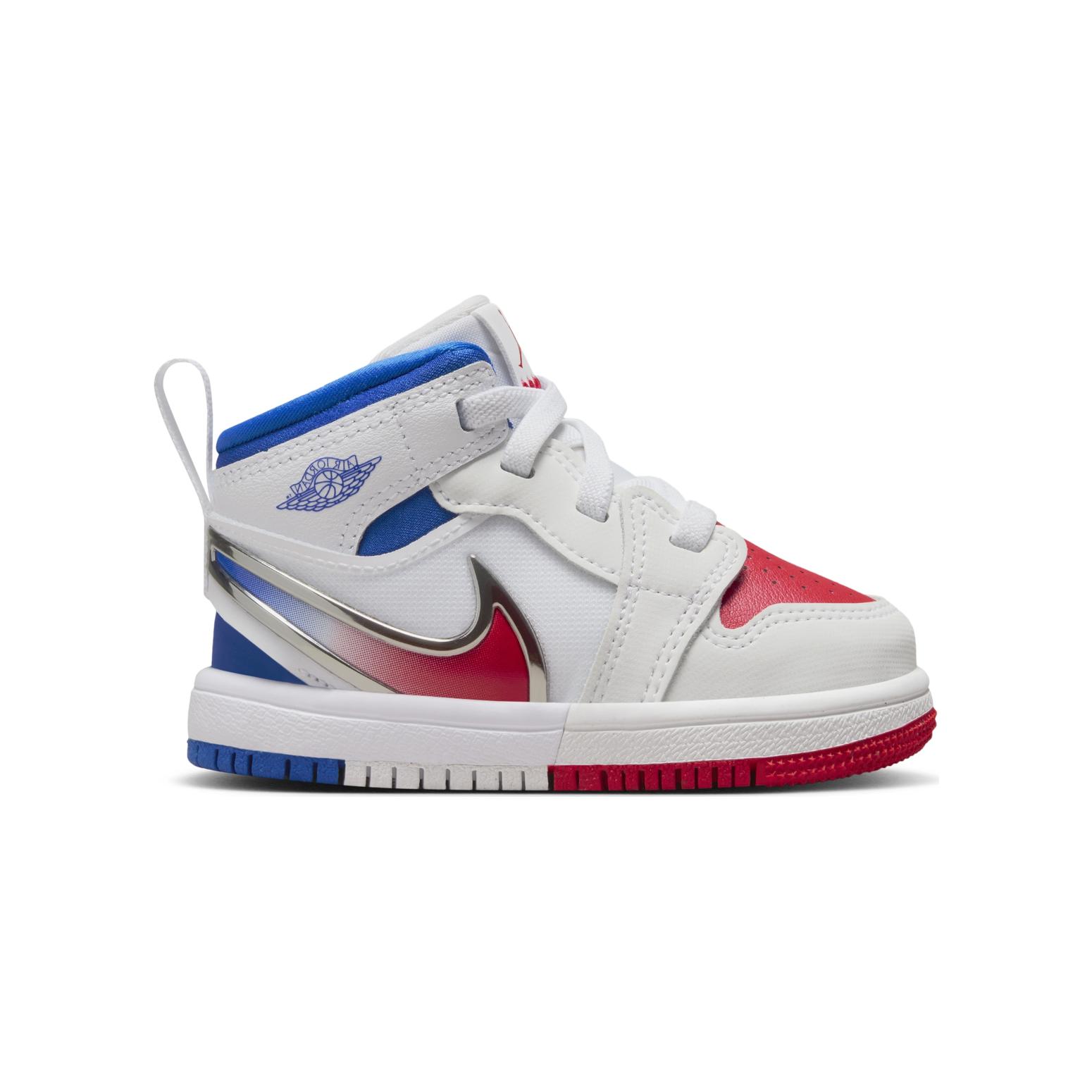 Детские противоскользящие кроссовки Air 1 Mid-Top Jordan бело-красно-синие — фото 2