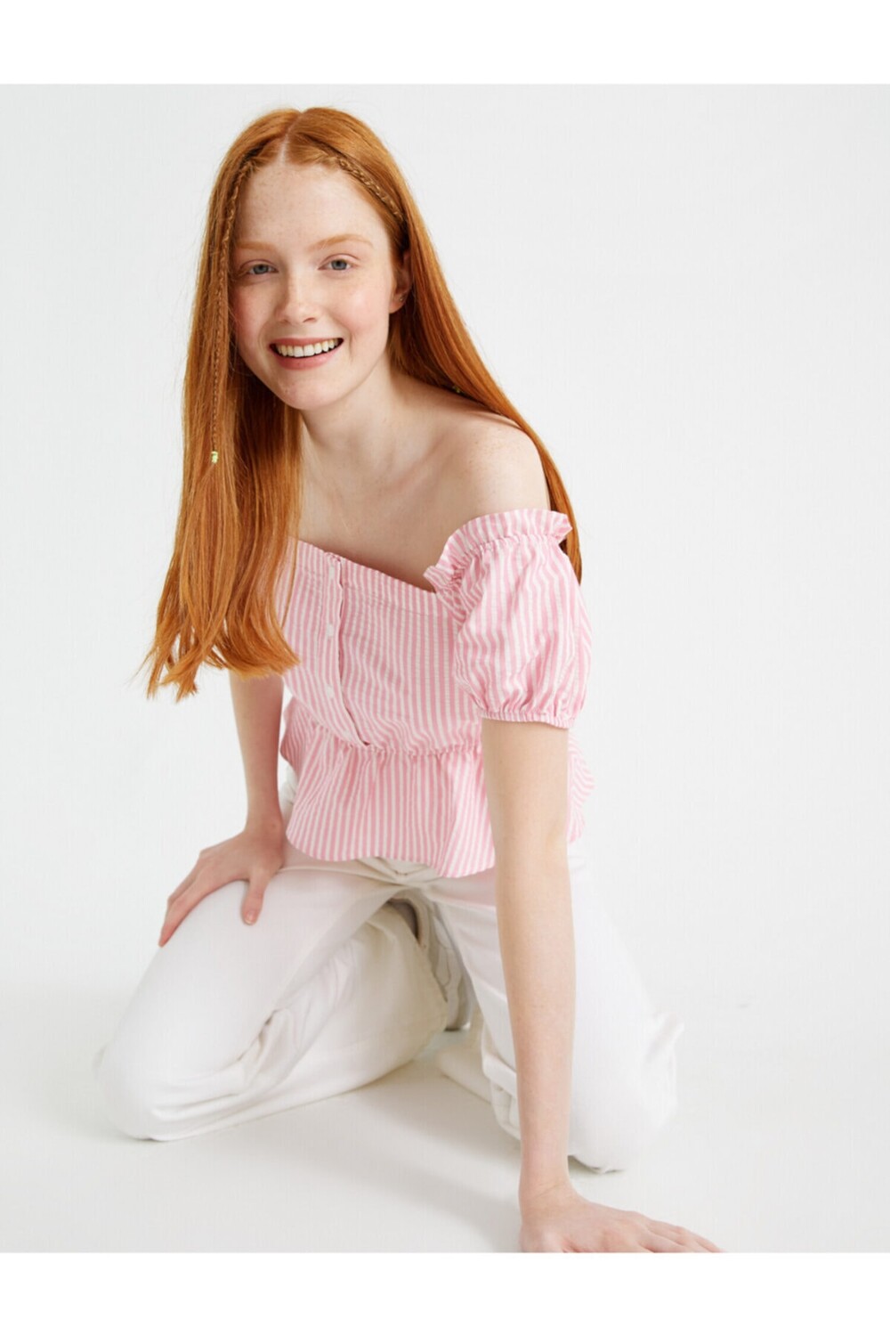 

Полосатая блузка с объемными рукавами, хлопок Koton, розовый