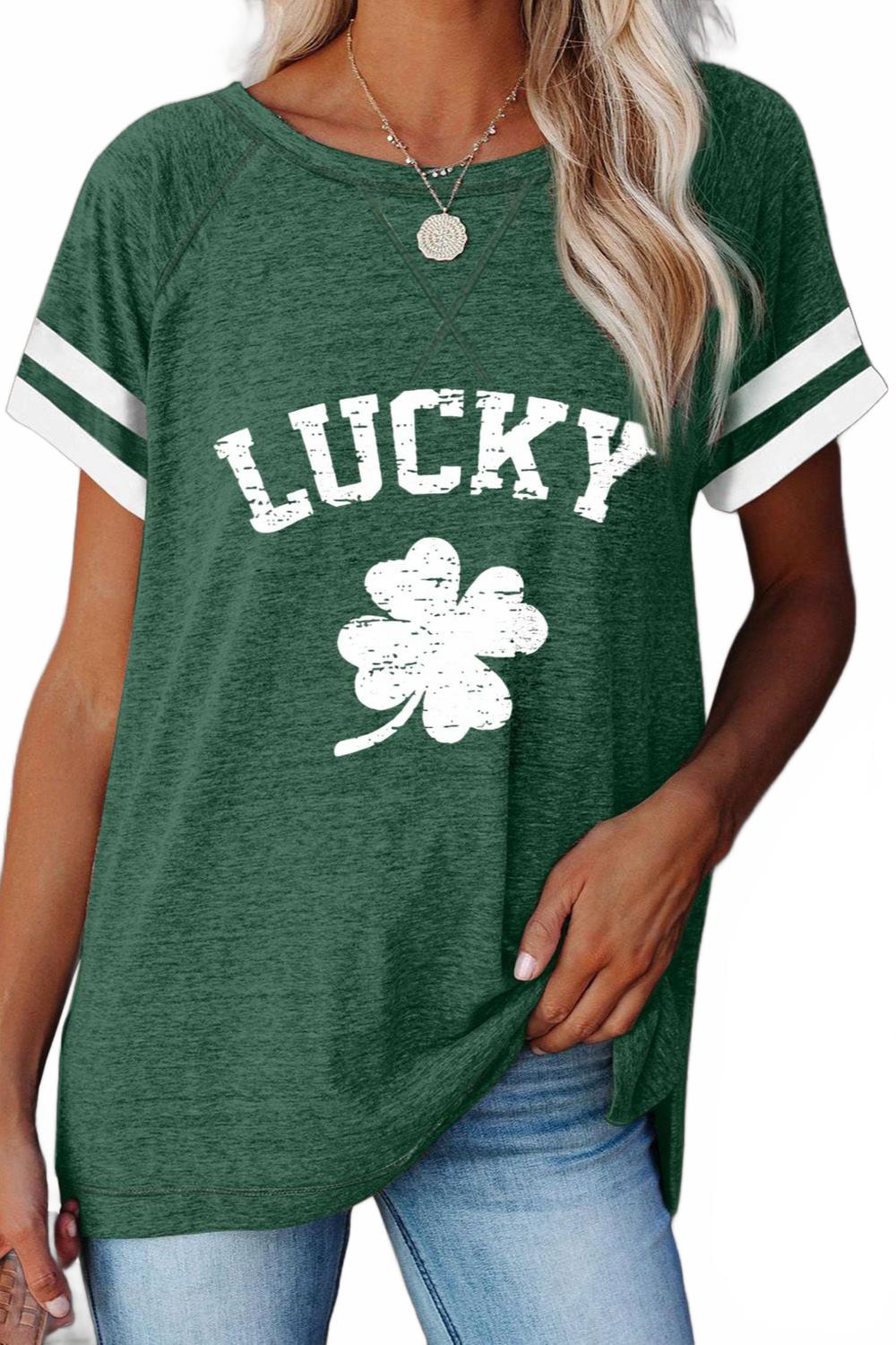

Клеверная полосатая футболка с коротким рукавом "Lucky" в зеленом цвете Shewin