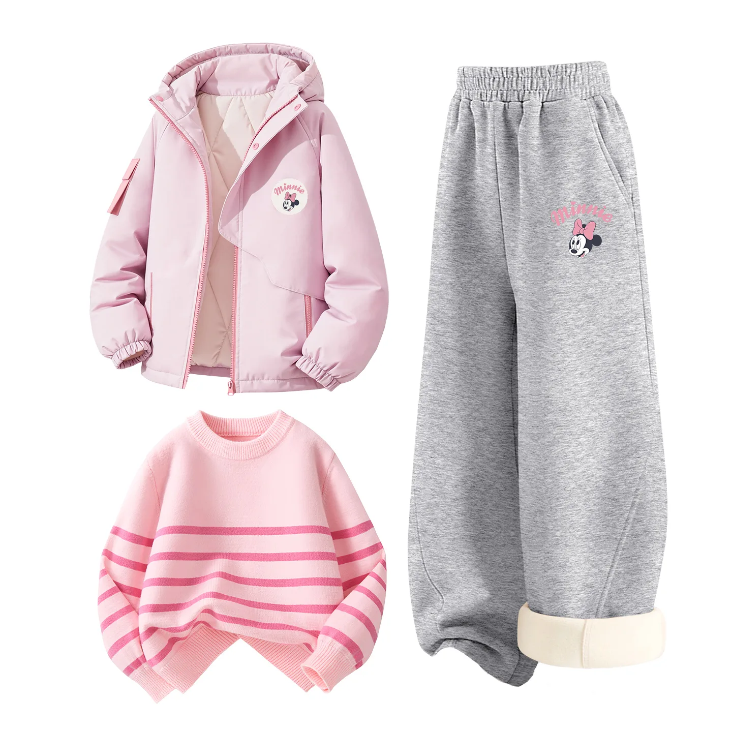 Детский спортивный костюм с круглым вырезом Disney, [Thickened and Fleece-Lined]Dini Round Hook-and-Loop K Rose Pink+Di Lift Eye K Heather Gray+Solid Color Pink