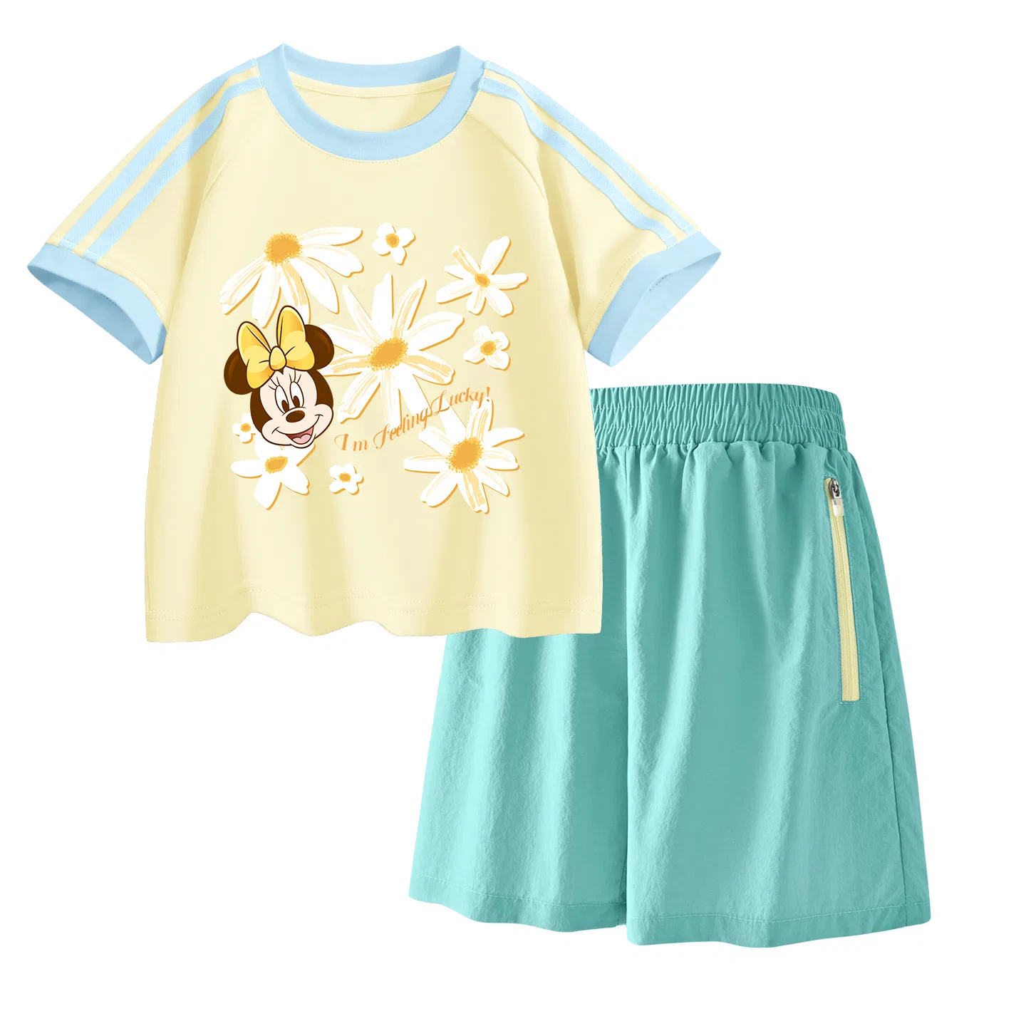 Детская повседневная спортивная футболка с круглым вырезом Disney, Di Fan Sheng Honey Blend+Solid Color Mint Green
