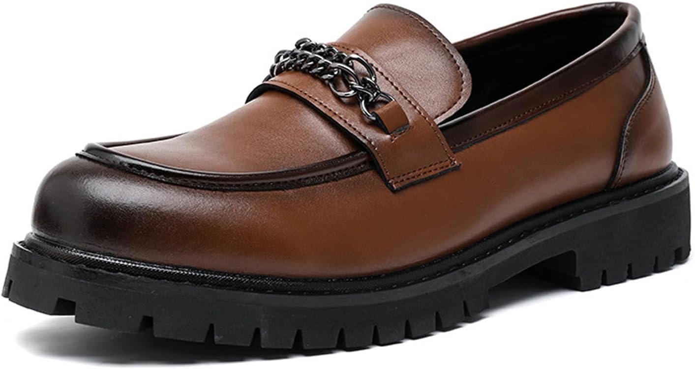 

Мужские кожаные лоферы на платформе без застежек с монетницей, классический круглый носок, подошва с протектором, нескользящие деловые туфли, повседневные, для вечеринок и работы Amazideal, коричневый