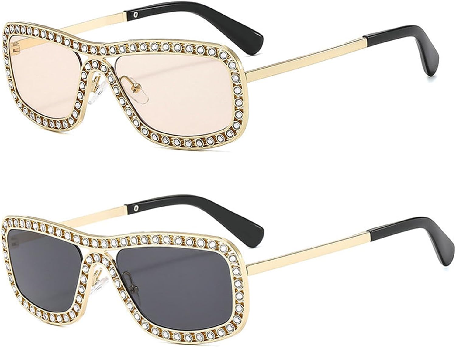 

willochra 2 шт. Солнцезащитные очки-пилот для женщин и мужчин, с двойным лучом, диско-очки со стразами, блестящие, сверкающие, бриллиантовые, аксессуар для вечеринки F25, 2pcs-black&champagne