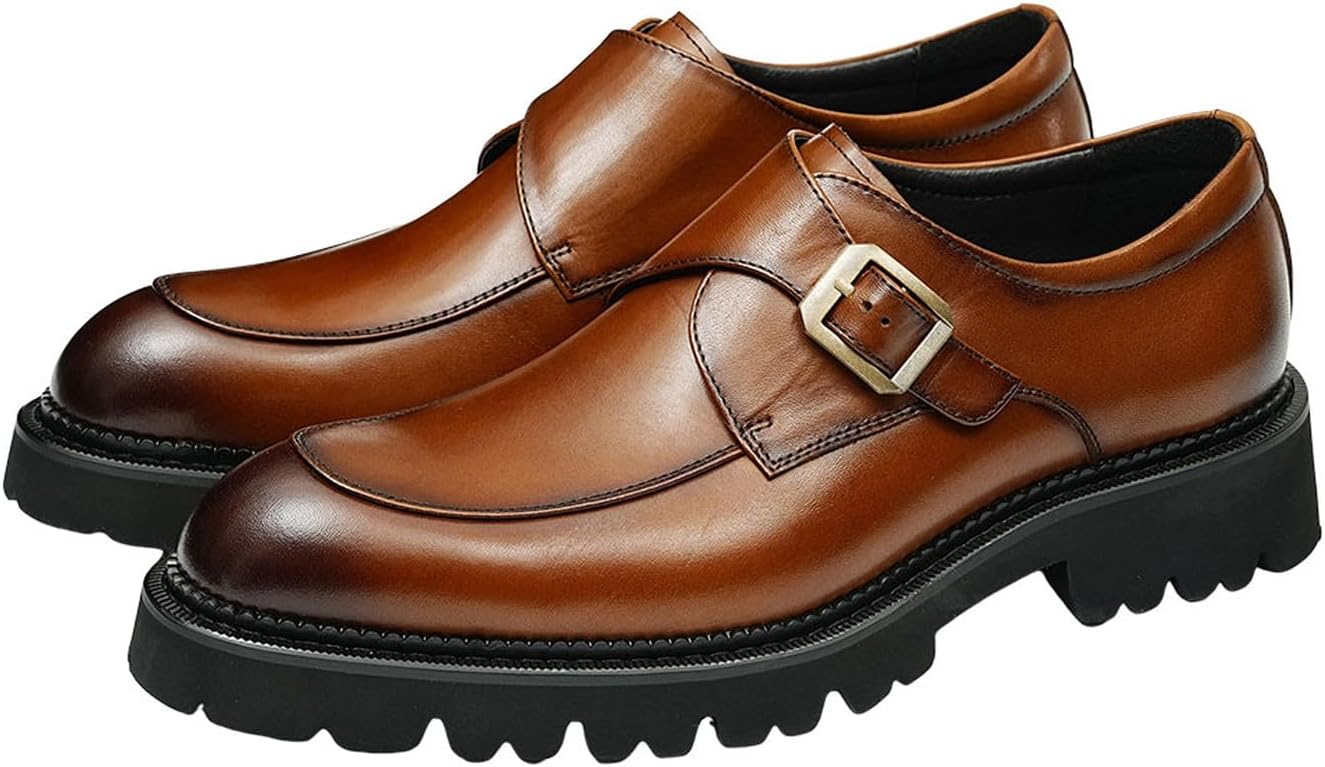 

Мужские кожаные лоферы Santimon с монковой пряжкой - повседневные и деловые туфли с модной одинарной пряжкой и рифленой подошвой для работы в стиле Casual и свадебных костюмов, коричневый